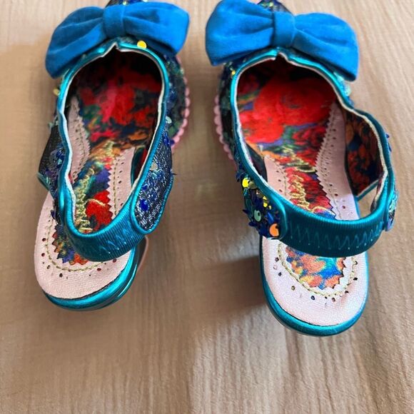 🌸 IRREGULAR CHOICE Blue sequin bow game over pointy sling back heel shoes size 7 - Picture 4 of 6